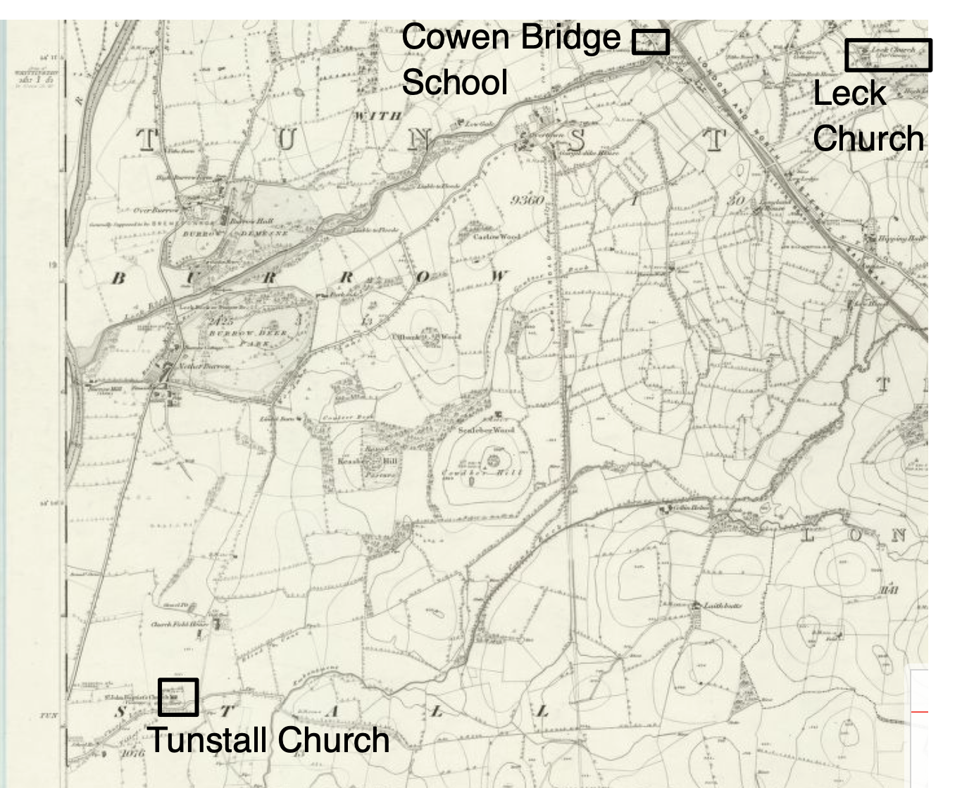 Ordnance Survey 6 inch Lancashire Sheet XX Surveyed: 1844 to 1845, Published: 1847 https://maps.nls.uk/view/102343766 Cowen Bridge, Leck Church, Tunstall Church