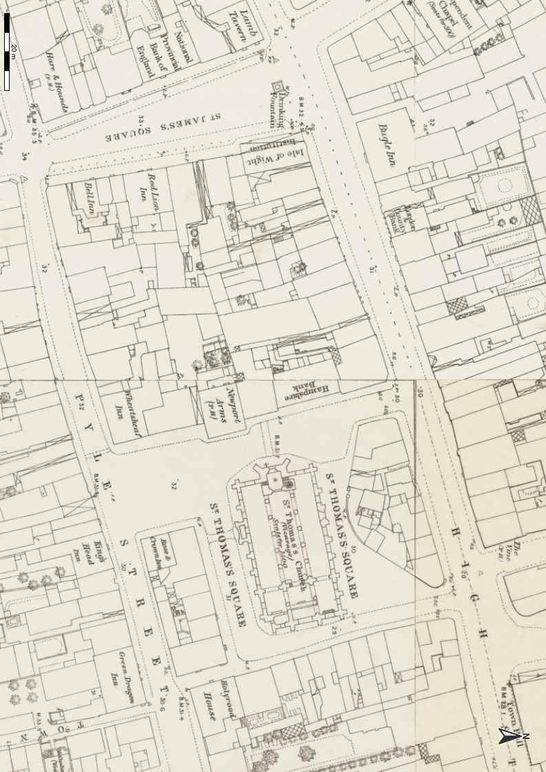 Ordnance Survey town plan of central Newport, Isle of Wight, circa 1860, via National Library of Scotland